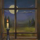 Night scene with candle, full moon, stars, and forest silhouette viewed through window