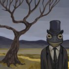 Anthropomorphic frog in suit and top hat in barren landscape with tree and mountains