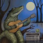 Anthropomorphic alligator playing guitar by moonlight next to vintage TV in swamp