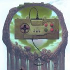 Surreal painting of video game controller in stone archway