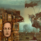 Surreal robotic head with serene human face in dystopian setting