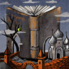 Surrealist painting featuring book-like building, lone green apple tree, and onion domed church