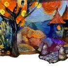 Enchanting Autumn Landscape with Whimsical Cottages and Orange Trees