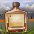 Surreal illustration: glass bottle with desert landscape, hot air balloon, sand dunes, grass