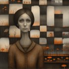 Surreal portrait of woman with autumn trees and floating islands in muted colors