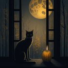 Cat by lit jack-o'-lantern on wooden floor with full moon and bare trees - Halloween scene