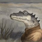 Whimsical Crocodile Painting in Vintage Brown Coat
