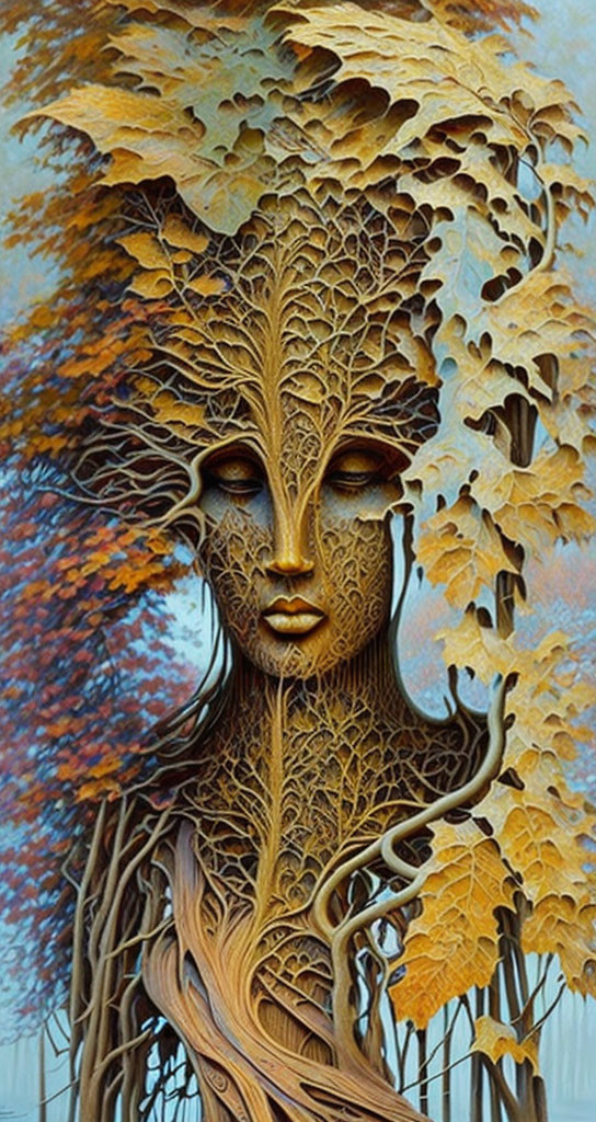 Figure with tree-like form, branch hair, bark texture, autumn leaves headdress