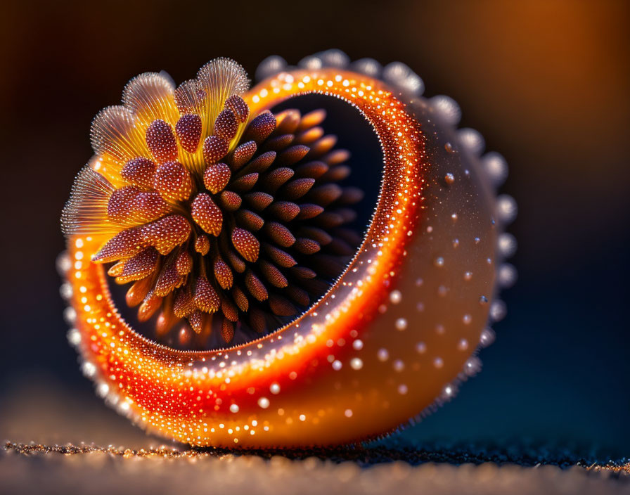 Detailed close-up of spiraled, dew-covered object with flower-like pattern in warm light.