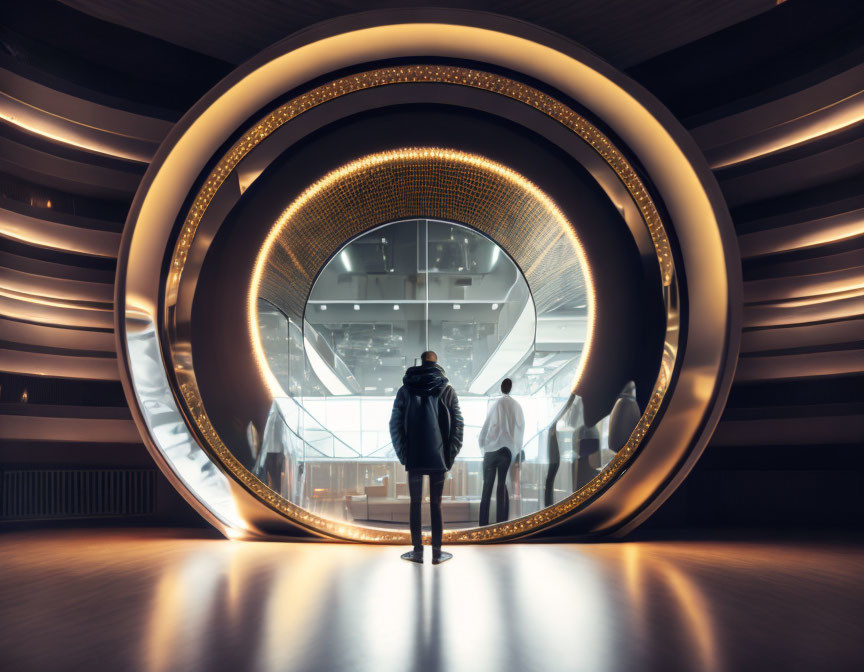 Person standing before large illuminated circular portal in modern interior