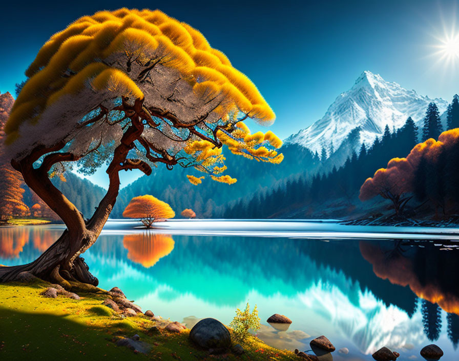 Vibrant tree in ethereal landscape with lake, autumn trees, and snowy mountain.