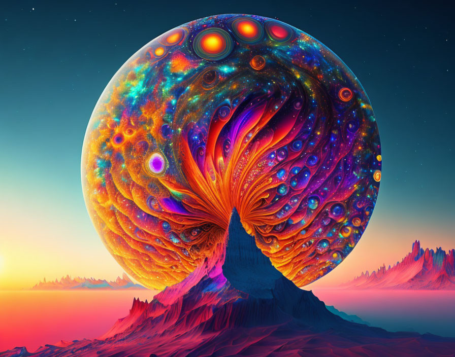 Colorful digital artwork: Psychedelic tree blends with cosmic backdrop and ornate planet.