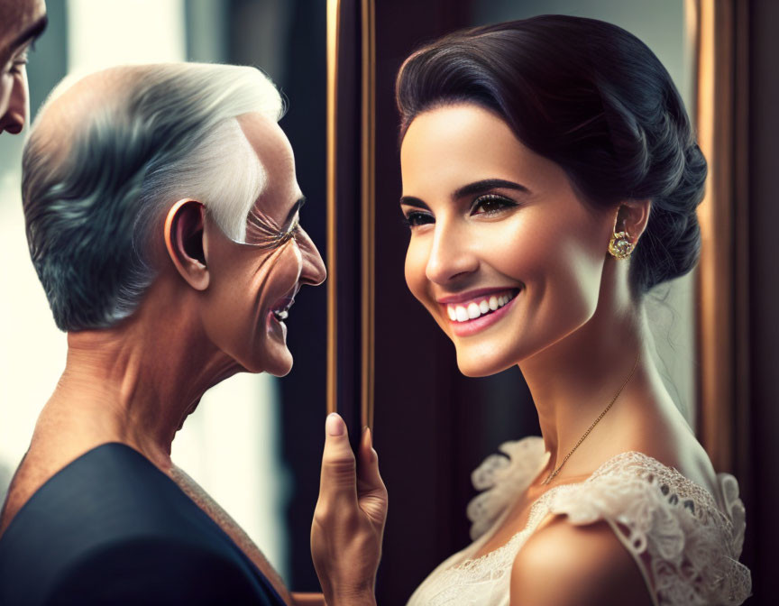 Elderly Man Smiling at Young Woman Indoors