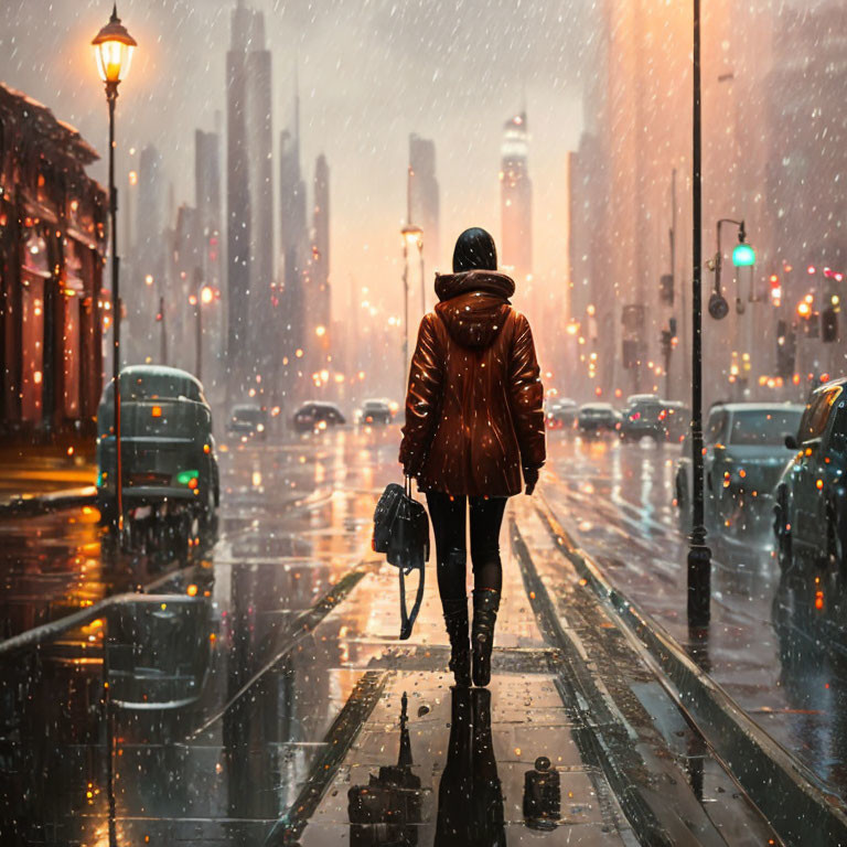 Person in Brown Jacket Stands on Wet City Street