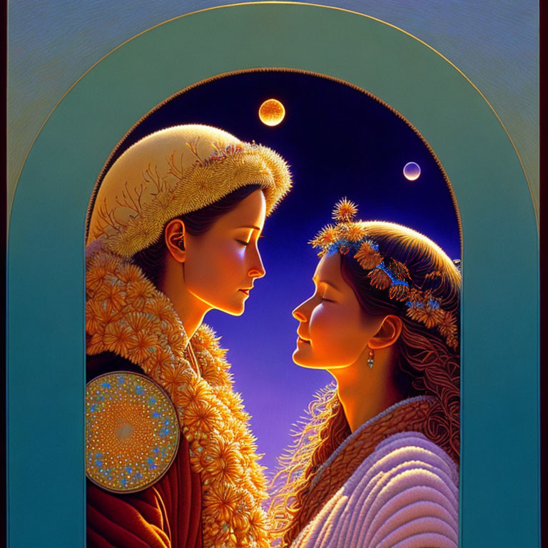 Stylized illustration of man and woman in profile with celestial backdrop