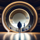 Person standing before large illuminated circular portal in modern interior