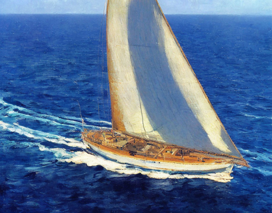 Sailboat painting: white sail on blue ocean with sharp turn