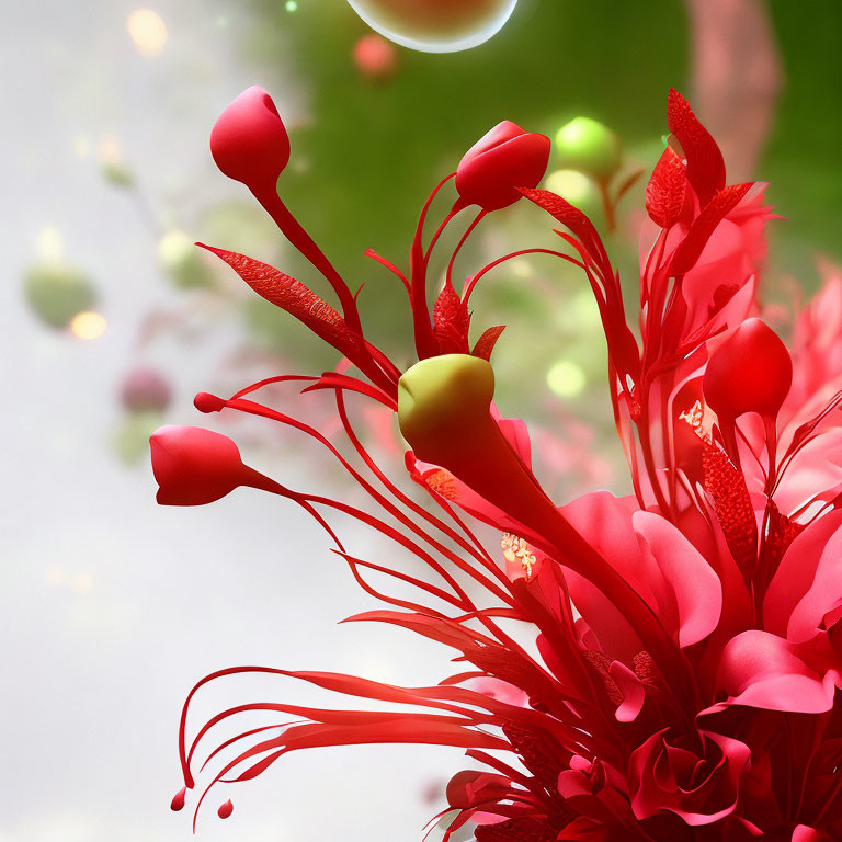 Abstract red floral elements with dynamic splashes and spherical bubbles on soft green background