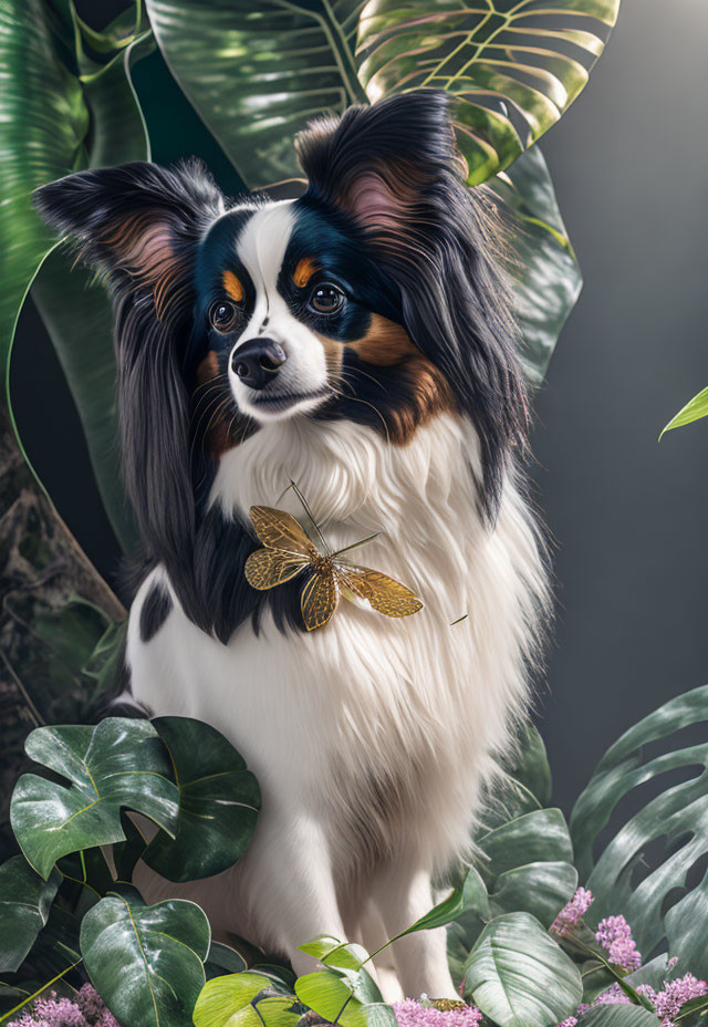 Papillon Dog with Butterfly on Nose in Green Foliage