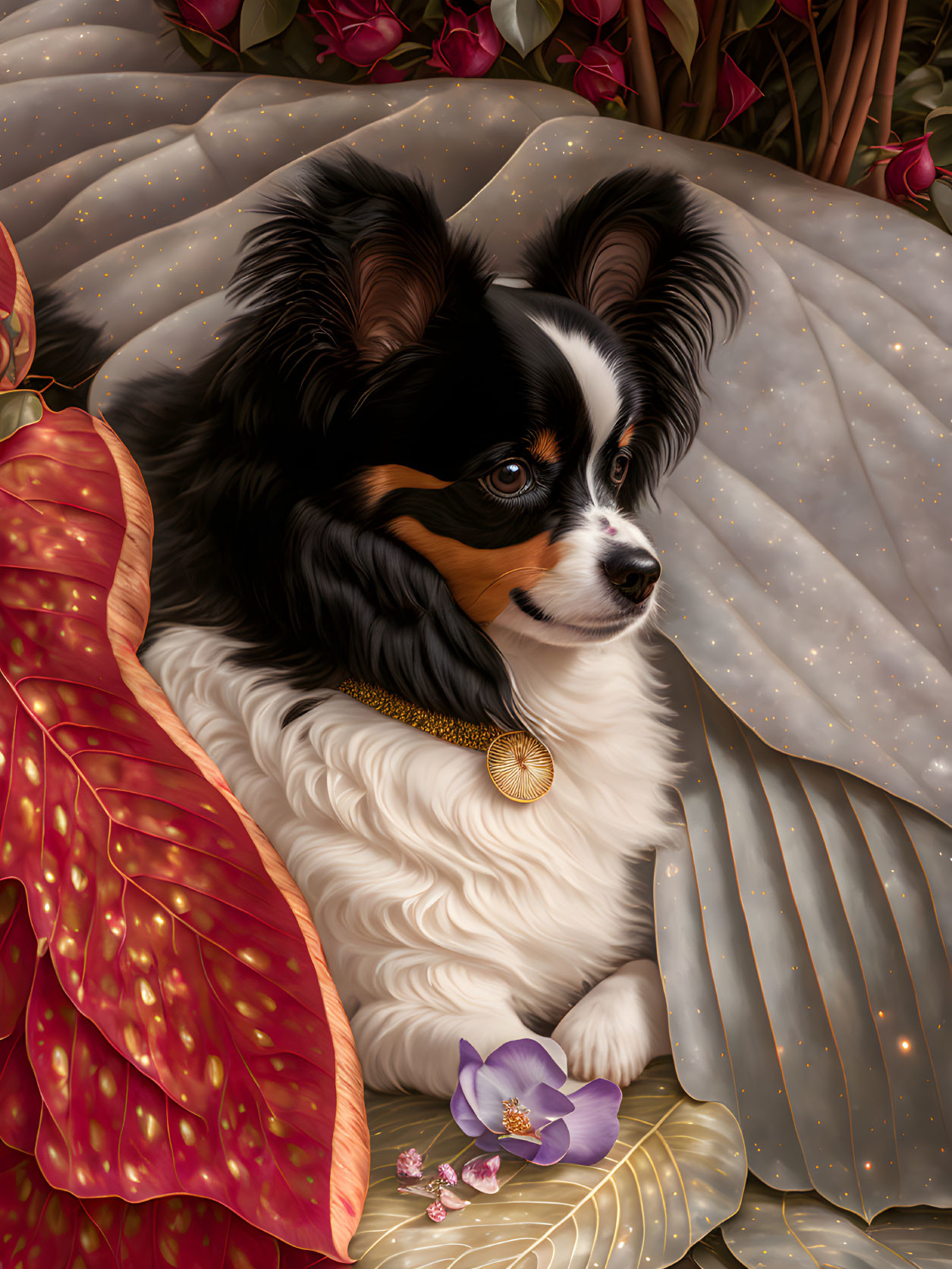 Black and White Dog with Brown Markings on Beige Fabric with Gold Necklace, Red Leaves, and