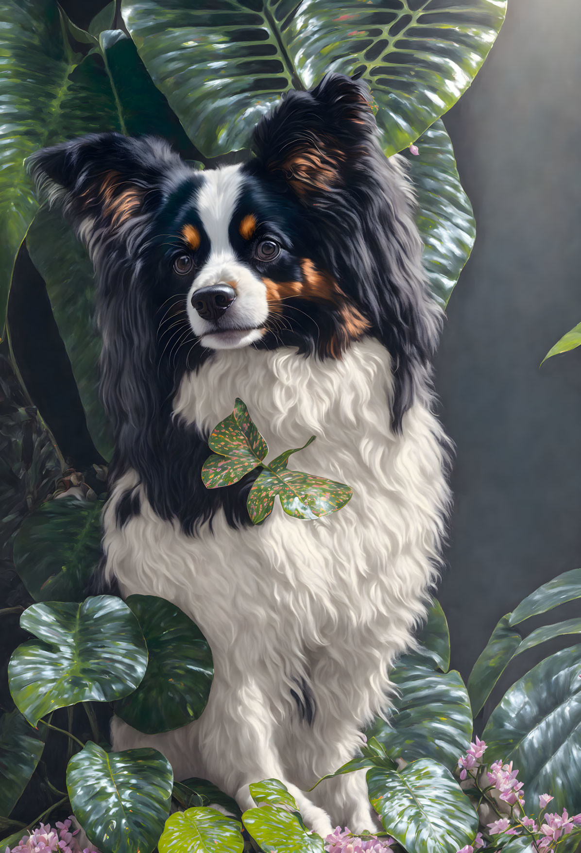 Fluffy black and white dog with brown facial markings among green tropical leaves with butterfly.