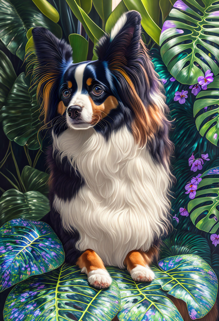 Tricolor Papillon Dog Among Tropical Leaves and Flowers