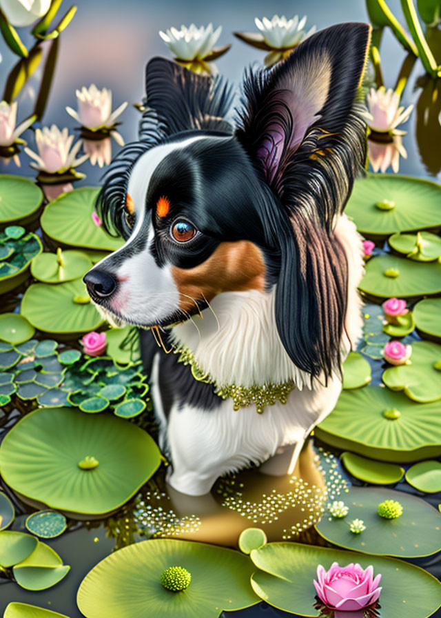 Digitally enhanced tri-color Papillon dog in lily pads and lotus flowers