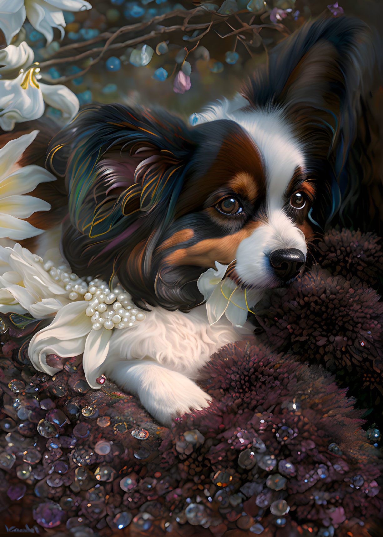 Detailed Tricolor Papillon Dog with Flowers and Gemstones