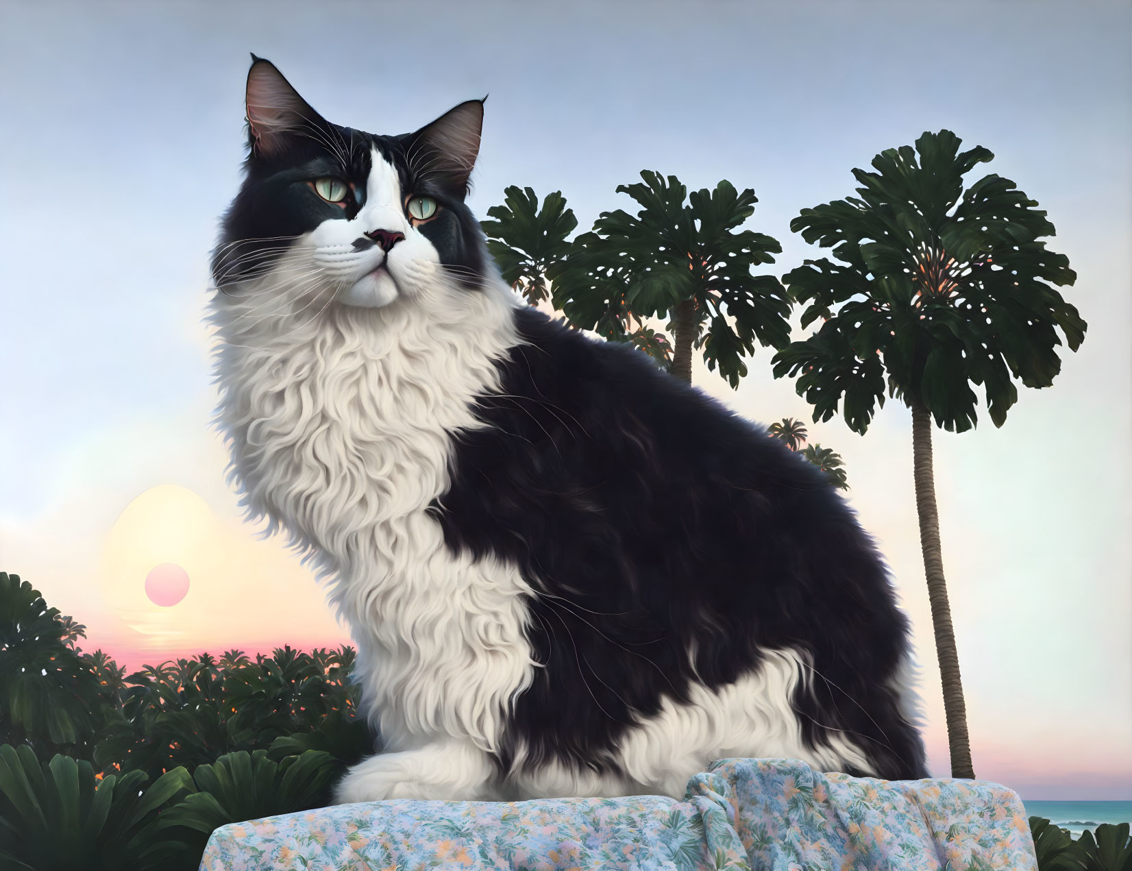 Long-haired black and white cat on rock with tropical sunset.