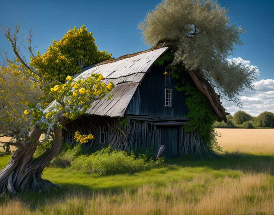 Rustic wooden cabin near blooming tree in serene field