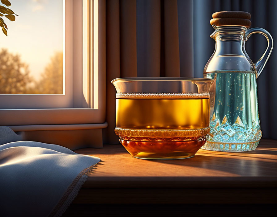 Tea cup, water carafe, and sunlit curtains on windowsill