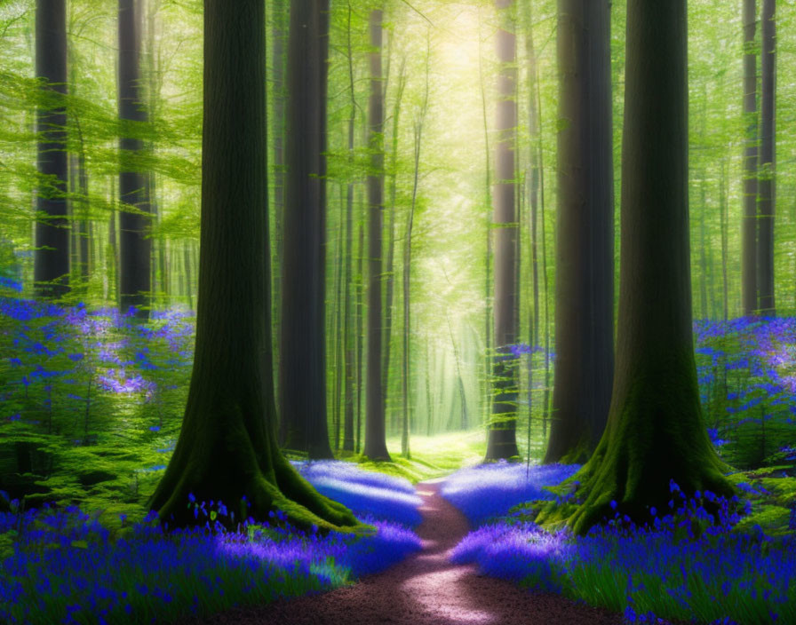 Scenic forest pathway with tall trees and blue flowers under soft sunlight