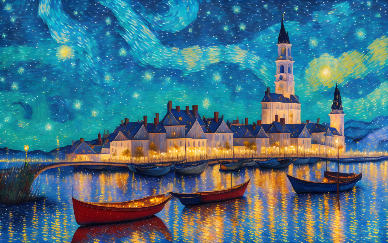 Starry night scene with cityscape and boats in a stylized artwork