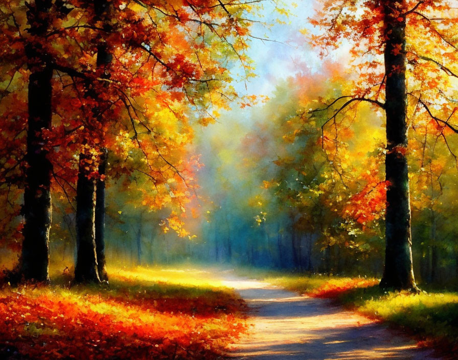 Vibrant autumn foliage on winding path in warm sunlight