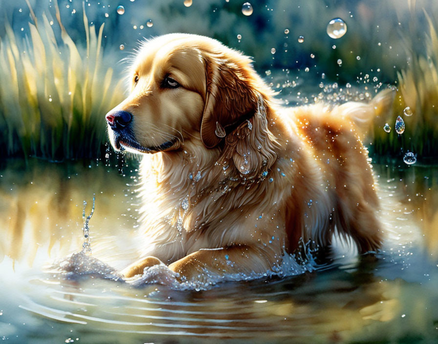 Golden Retriever in Sunlit Water with Glistening Droplets