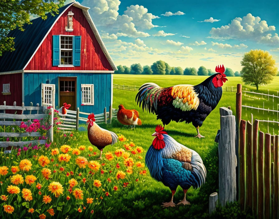 Rural scene with chickens, red barn, green fields, white fence, and cloudy sky