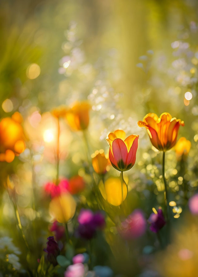 Colorful tulips in sunlit meadow with bokeh effect from morning dew.