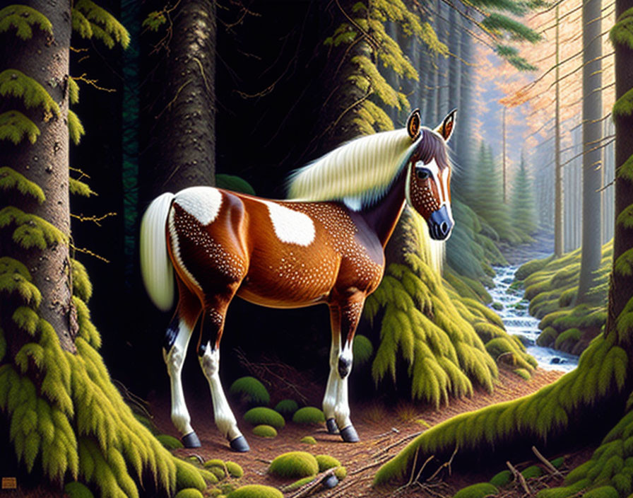 Brown and white horse with flowing mane in lush forest near stream with light piercing through trees