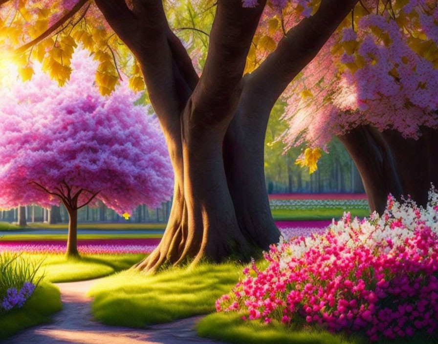 Lush Park Landscape with Pink Cherry Blossoms and Sunlit Pathway