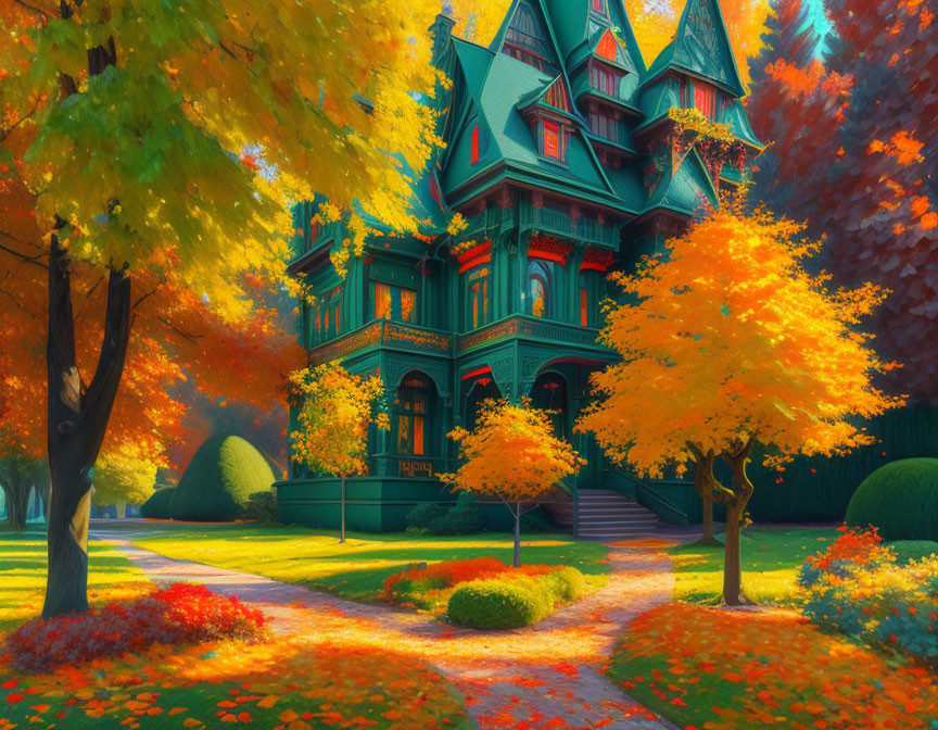 Grand Victorian house in vibrant autumn setting surrounded by colorful trees.