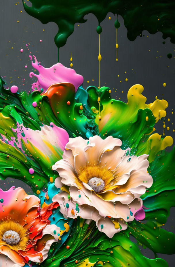 Colorful Paint Splashes and White Flowers on Dark Background