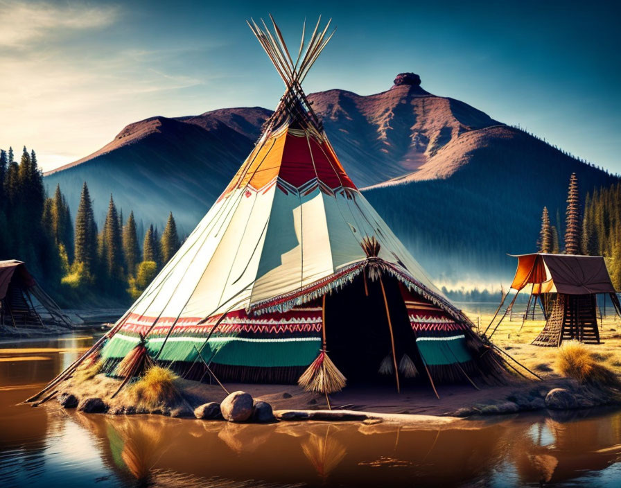 Traditional teepee by serene lake, mountains, forest, blue sky.