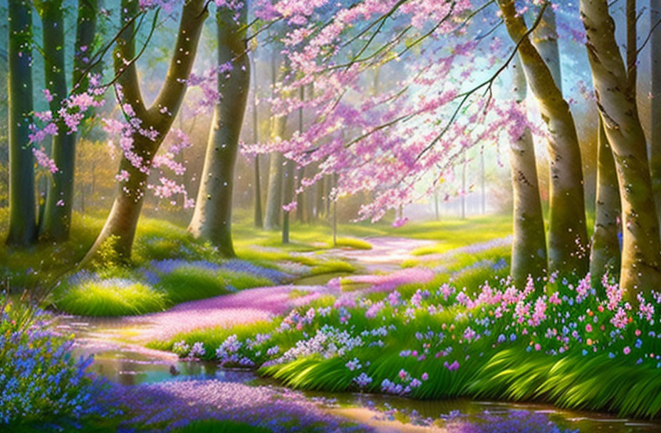 Lush forest landscape with sunlight, pink blossoms, and colorful flowers