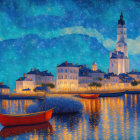 Starry night scene with cityscape and boats in a stylized artwork