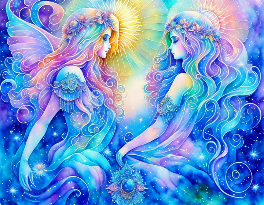 Ethereal winged figures in vibrant celestial scene