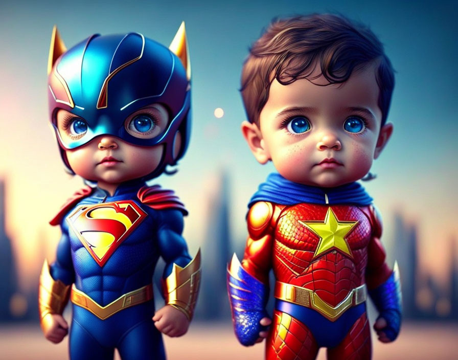 Animated toddlers in Batman and Superman costumes with cityscape background