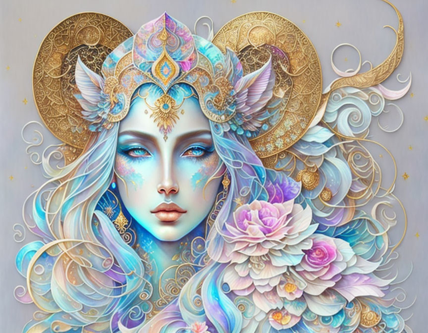 Fantasy illustration of woman with blue skin and decorative headdress