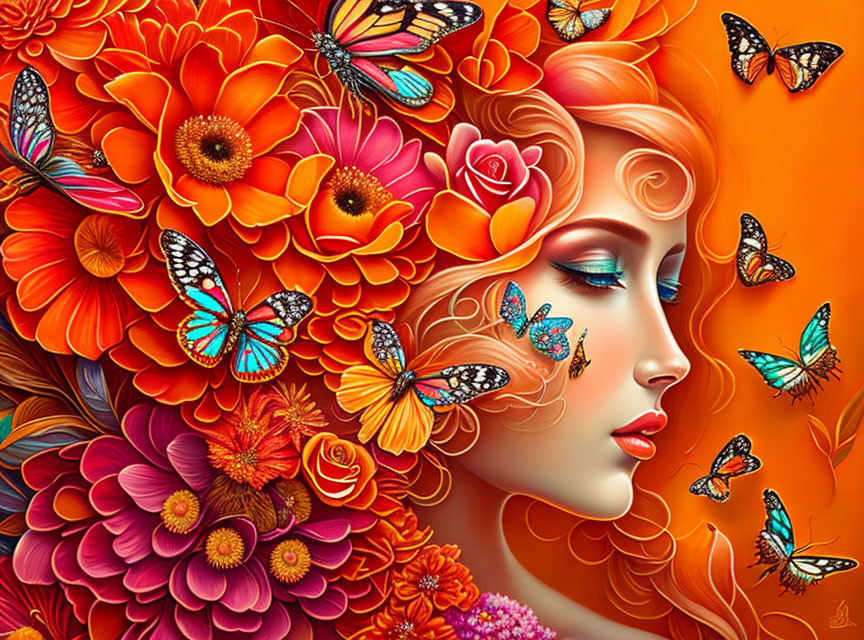 Colorful illustration of woman with orange hair and flowers and butterflies.