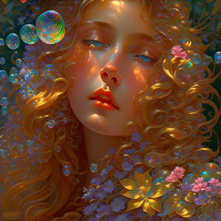 Ethereal young woman portrait with golden curly hair, bubbles, flowers, dreamy expression, warm