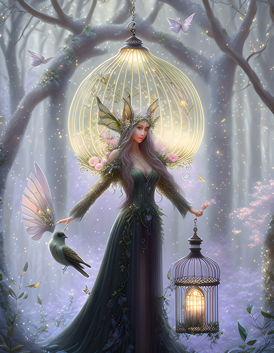 Illustration of woman with fairy wings in green dress with lantern, birds, butterflies, forest.